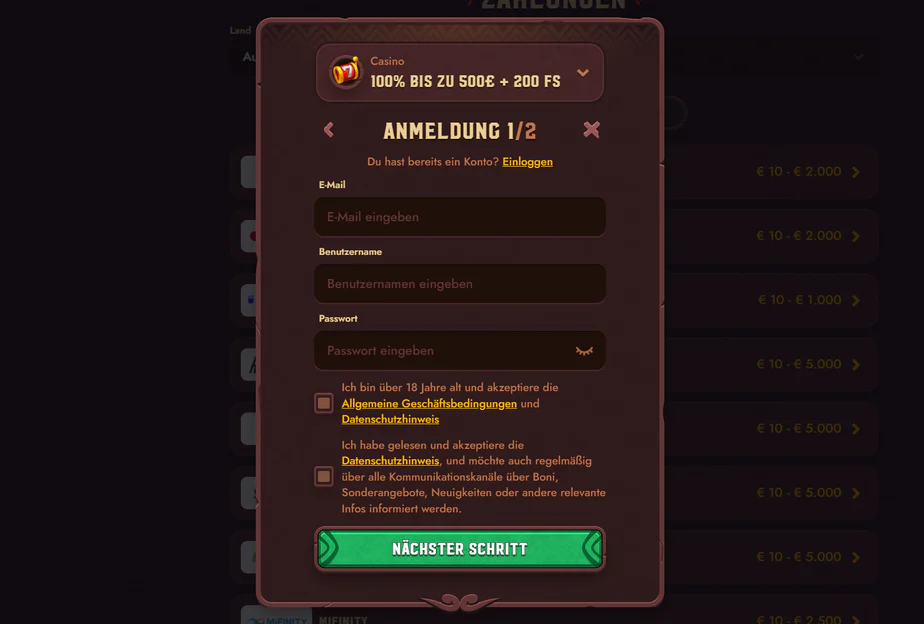 5 Gringos Casino registratieformulier met velden voor e-mail, gebruikersnaam en wachtwoord en een welkomstbonus tot €500 + 200 gratis spins